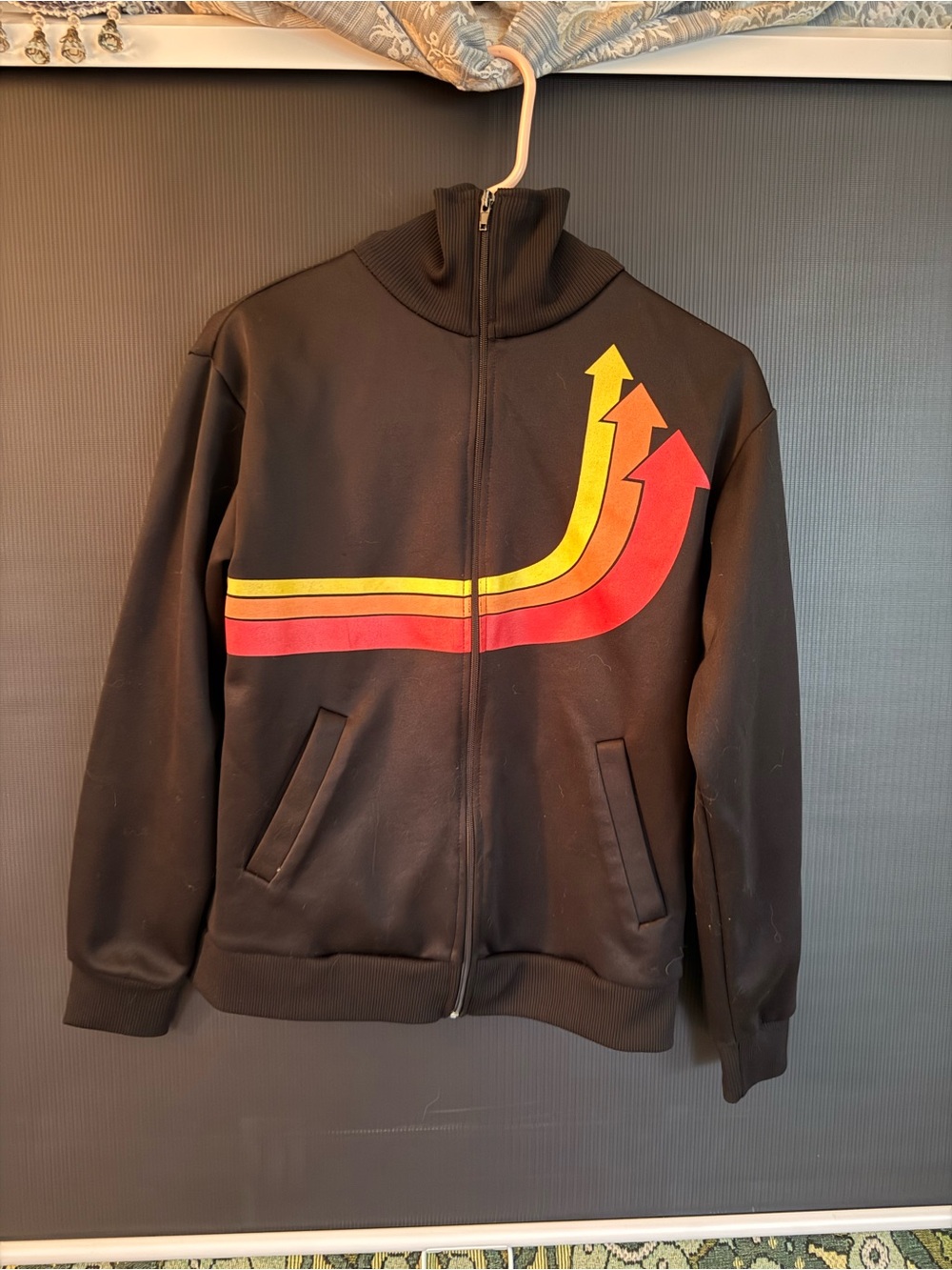 Black Zip-Up Shirt Jacket with Red & Yellow Arrow Stripe